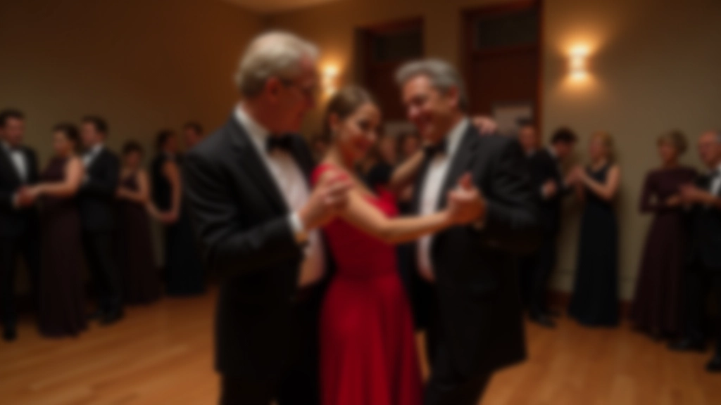 Casal de dança de salão elegantemente vestido, homem de terno e mulher em vestido de dança, em posição de dança profissional