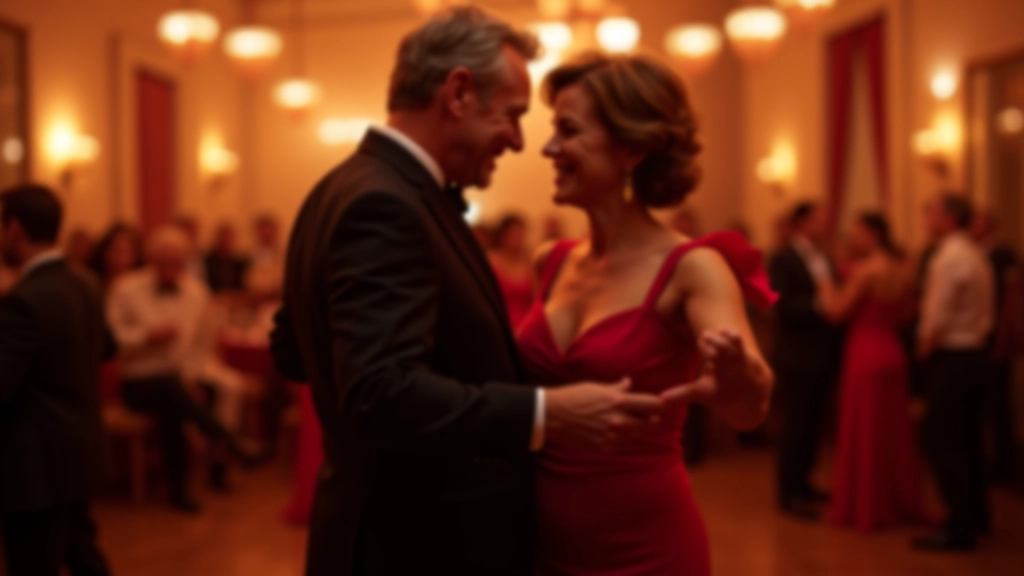 Casal de meia-idade dançando bachata com elegância em pista de dança