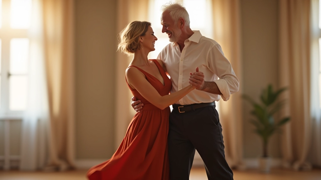 Casal sénior dançando com expressão alegre mostrando benefícios de bem-estar e felicidade