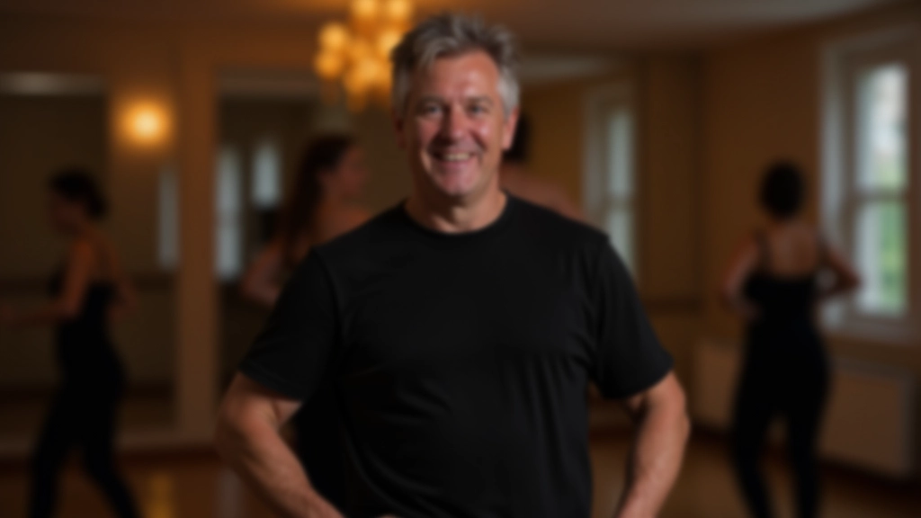 Instrutor de bachata demonstrando postura correta com participante sénior em estúdio de dança profissional