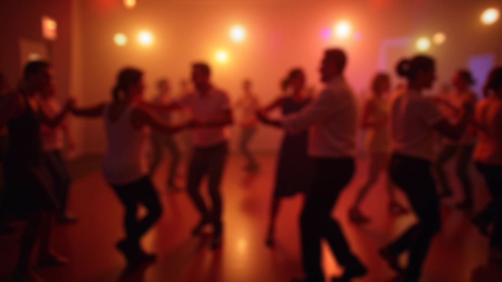 Vista aérea de um evento de dança comunitário com várias rodas de dançarinos em ação, ambiente alegre e inclusivo