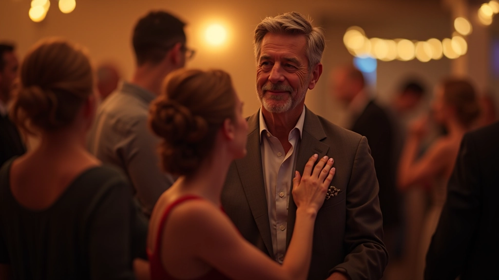 Homem a aproximar-se de uma mulher num evento social de dança com expressão confiante mas simpática