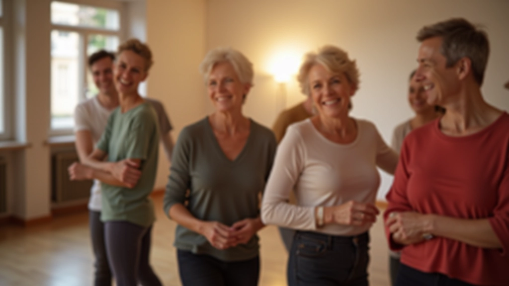 Grupo de pessoas sénior numa aula de dança, conversando e rindo juntas
